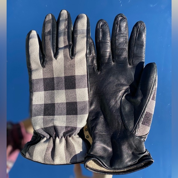 Womens BURBERRY LUREX/Black Leather Lowery Check Gloves/Generous size 6.5-7🔥EUC - Picture 5 of 16